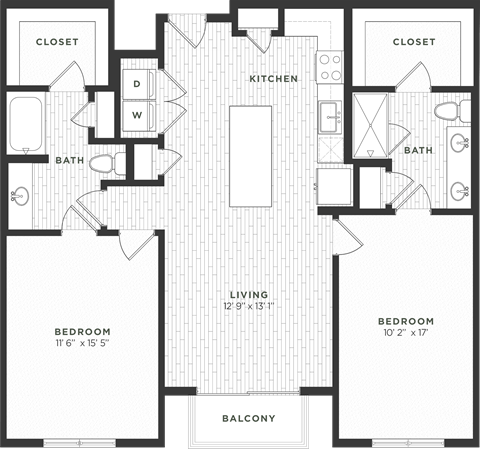 Floor plan for 2 beds, 2 baths, 1175 sqft